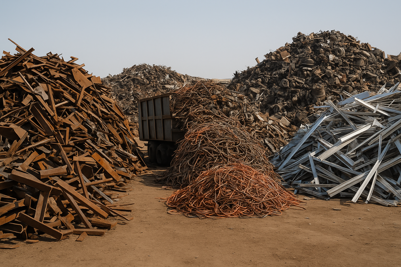 شراء سكراب صباح السالم مجموعة من السكراب المتنوع تضم خردة حديد ونحاس وألمنيوم داخل ساحة تجميع واسعة