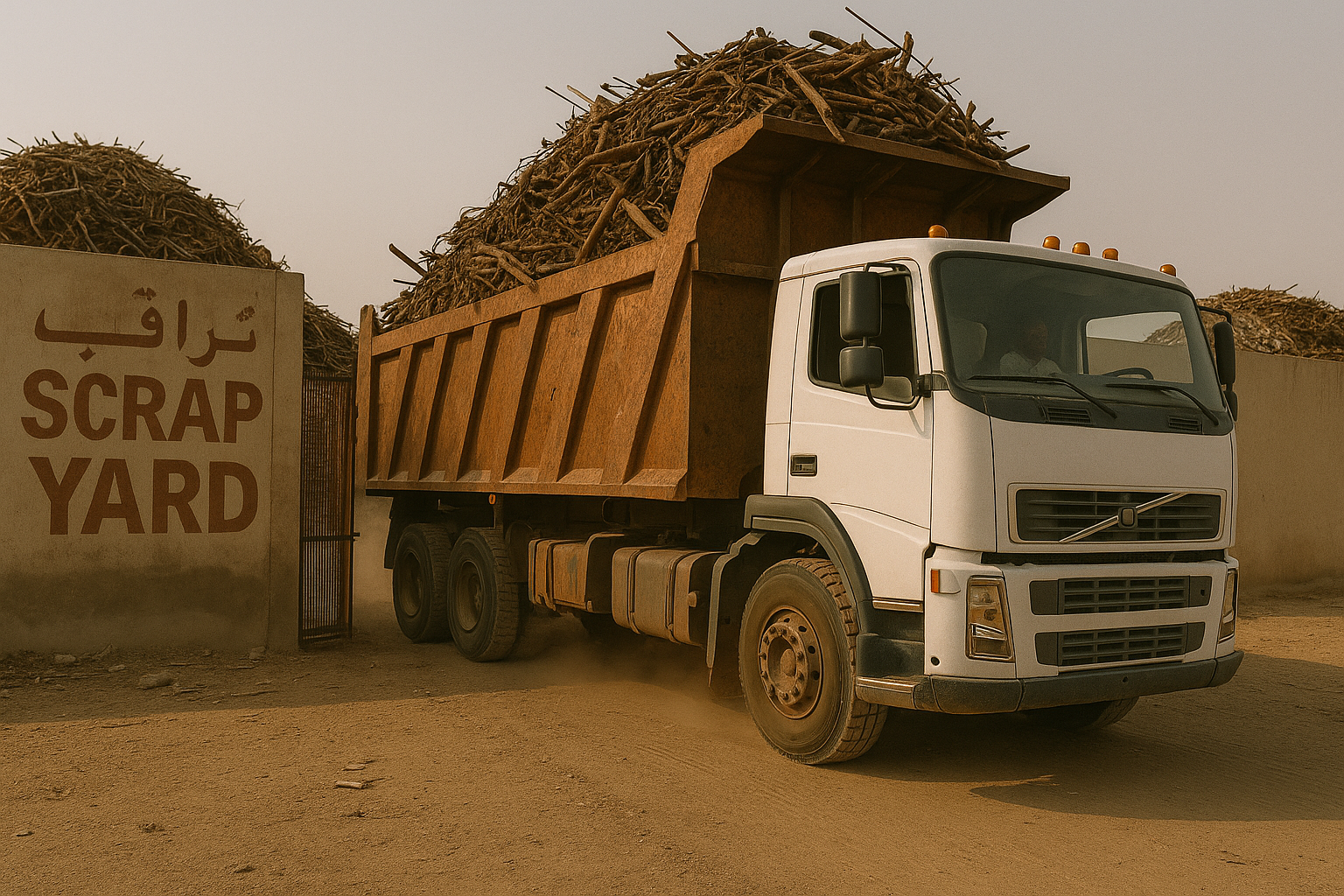 شاحنة تحمل سكراب معدني من ساحة خردة في منطقة الصديق بالكويت