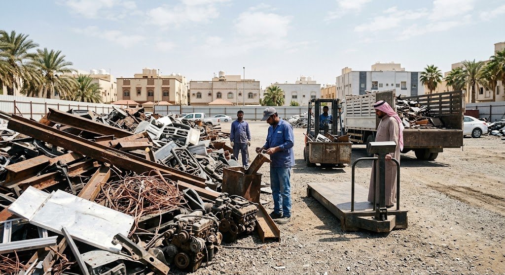 عمال محترفون يقومون بفرز وتحميل الخردة والمعادن ضمن أعمال من يقدمون خدمة نشترى سكراب القادسية بالكويت باستخدام سيارات نقل مجهزة لضمان الدقة والسرعة في الإنجاز